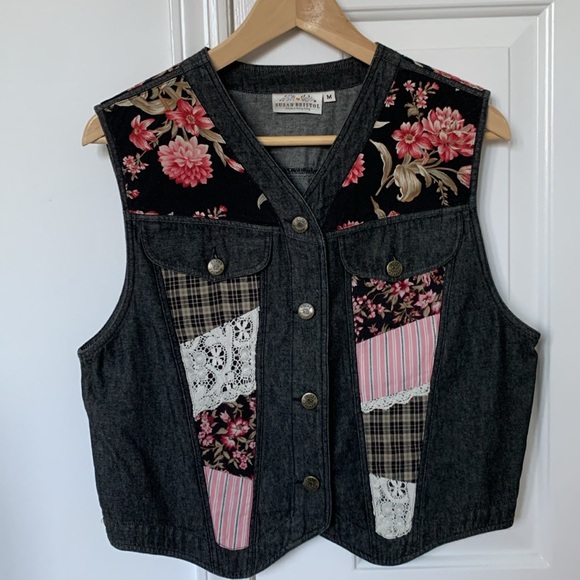 VTG Susan Bristol patchwork black denim vest floral plaid goth steampunk - Picture 1 of 7
